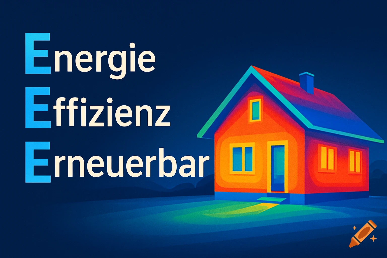 An illustration of a house in thermography colors with text 'Energie Effizienz Erneuerbar' on a dark blue background.