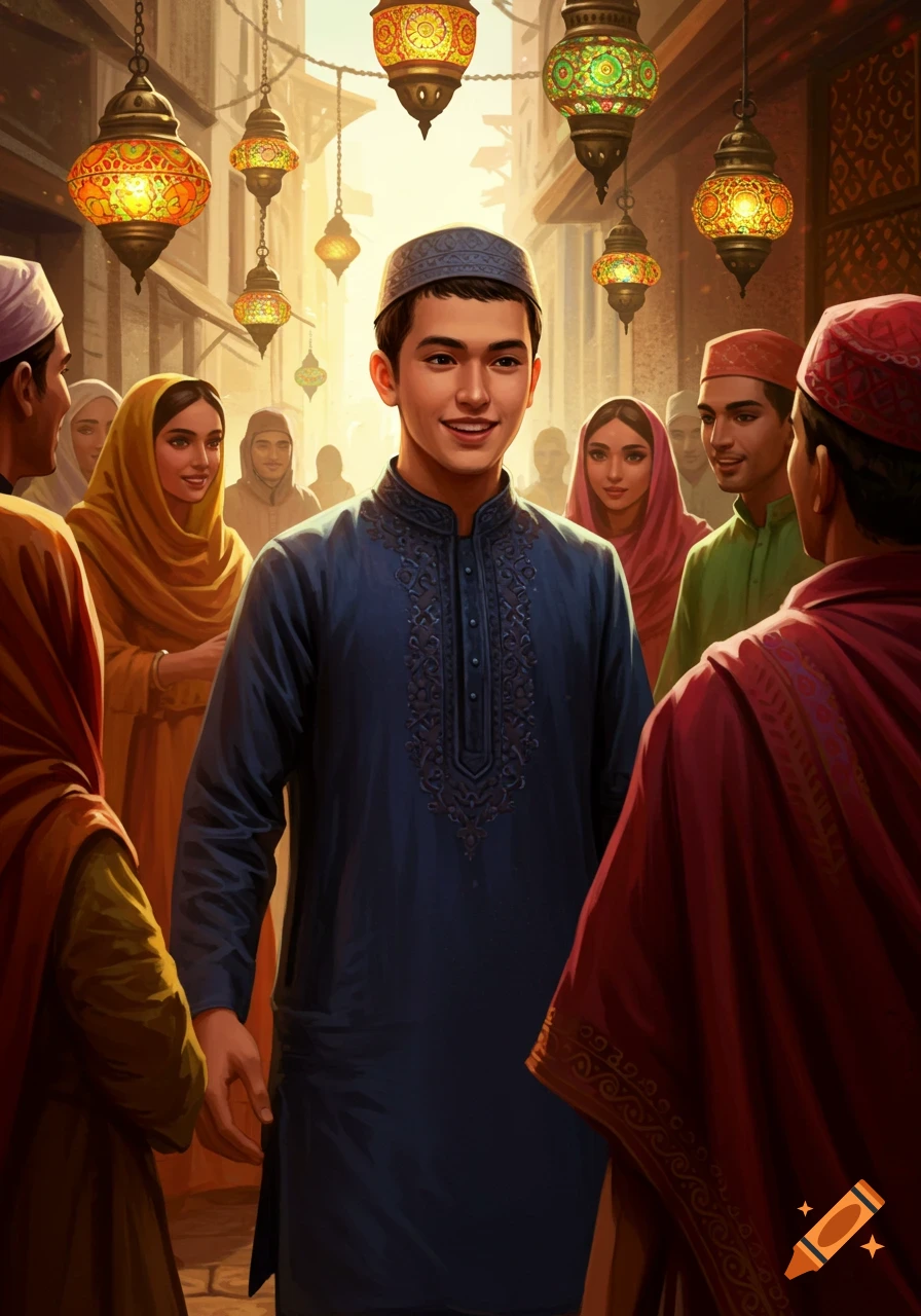 A smiling young man in a blue traditional tunic and cap stands in a bustling street market, surrounded by people and ornate hanging lanterns.