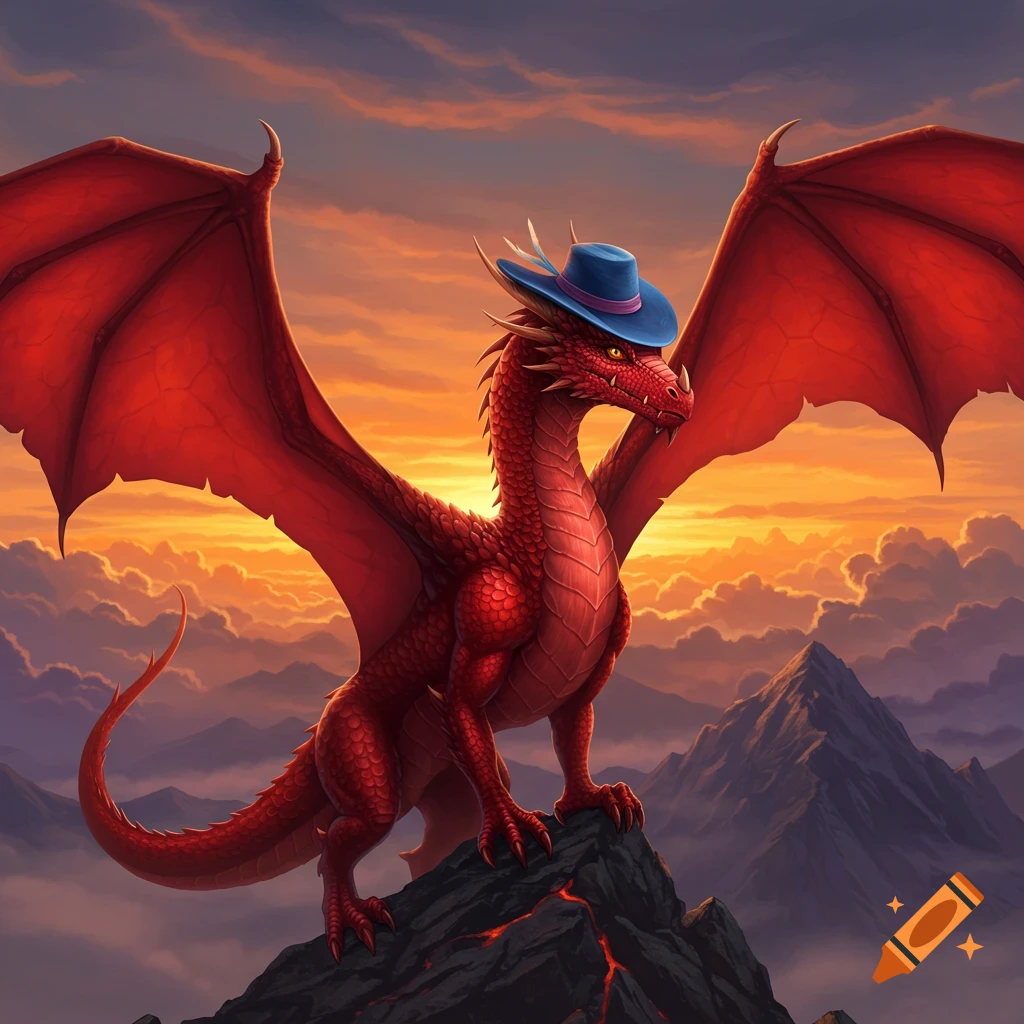 A majestic red dragon wearing a blue fedora stands on a rocky mountain peak against a vibrant sunset sky.