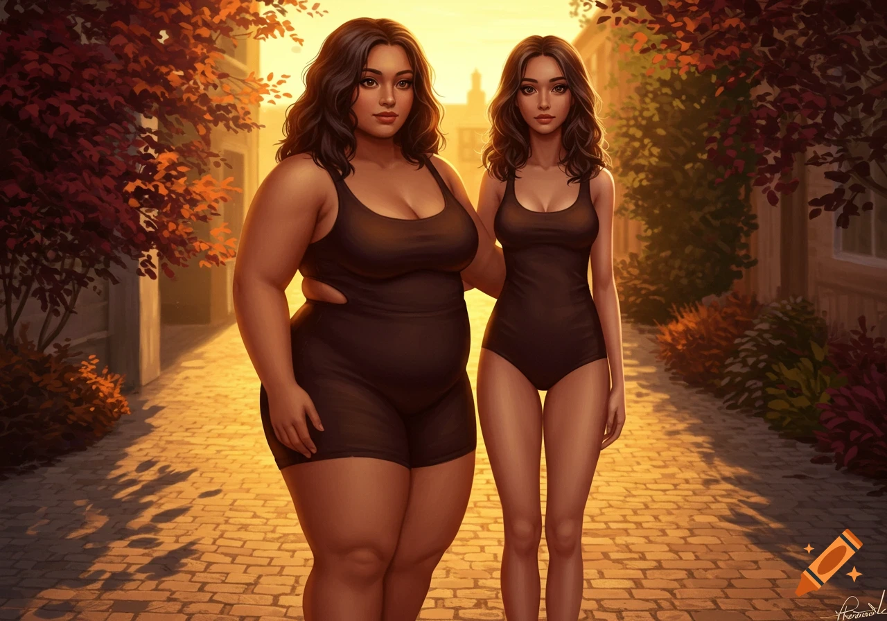 Digital illustration of a heavier woman next to a slender woman, both in black swimsuits, on an autumn path.