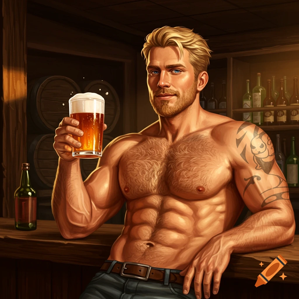 Muscular blonde man with a hairy chest at a rustic bar, holding a beer. Digital illustration.