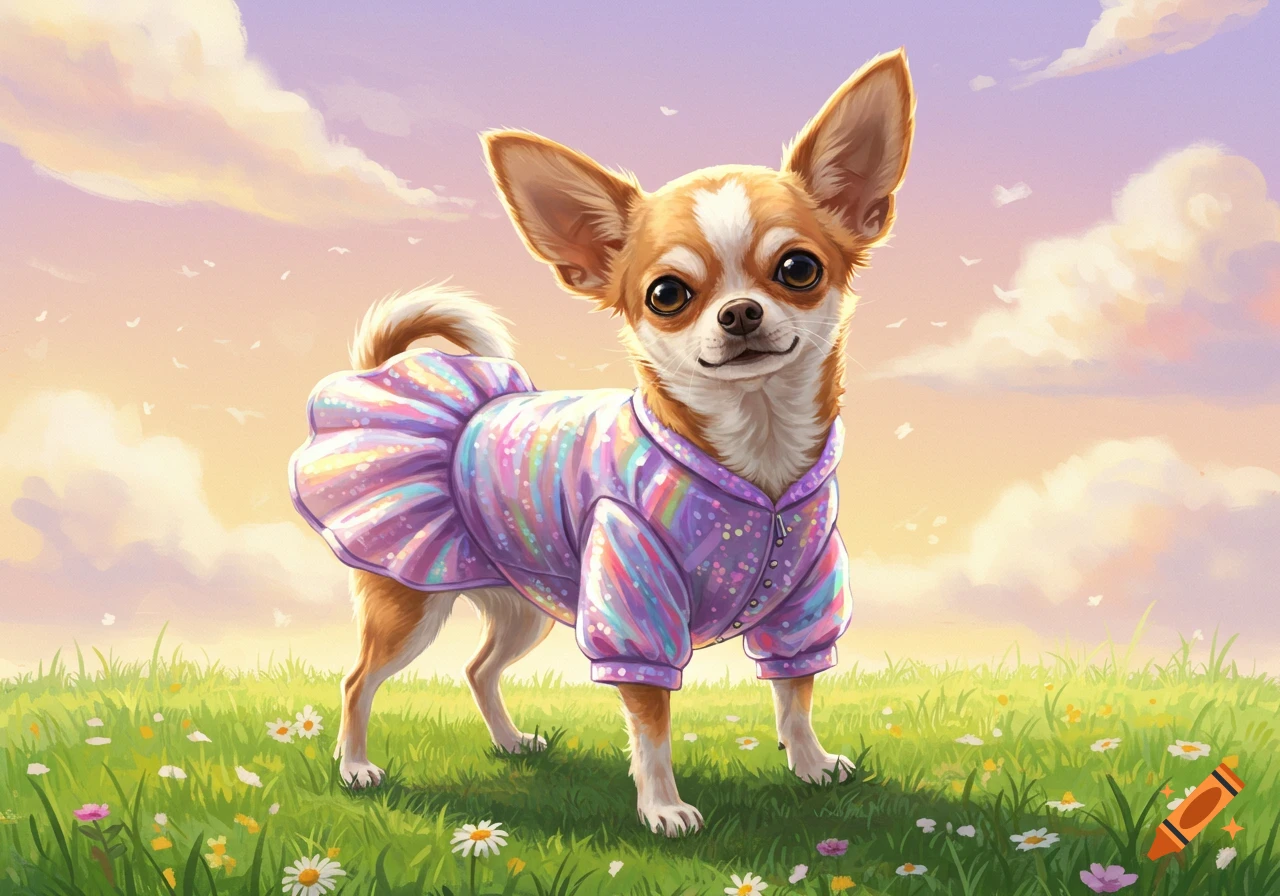 A cute chihuahua dog wearing a colorful rainbow-striped and polka-dotted purple dress stands in a vibrant green field.