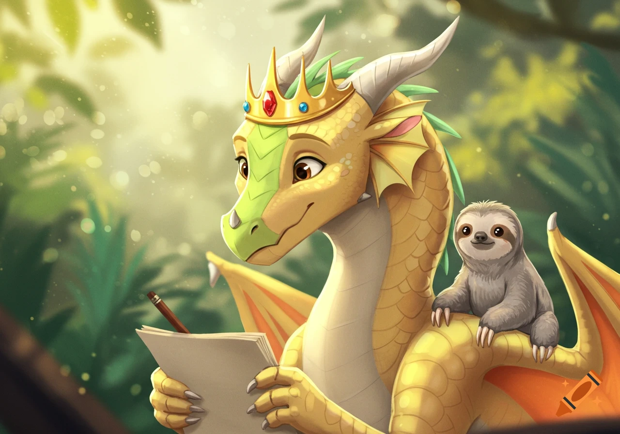 A cartoon yellow and green dragon wearing a crown writes on paper while a grey sloth watches from its shoulder in a lush jungle.