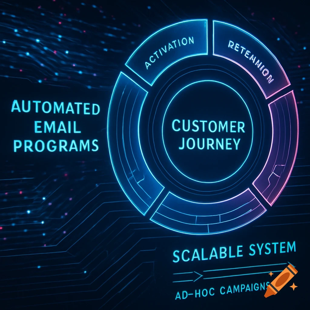 Digital blueprint diagram showing a customer journey with activation, retention (misspelled), automated email programs, and scalable system.