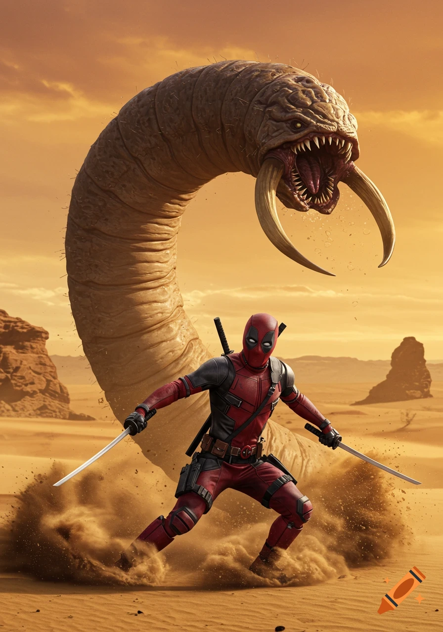 Deadpool, dual-wielding katanas, battles a giant, tusked worm emerging from the sand in an orange desert.