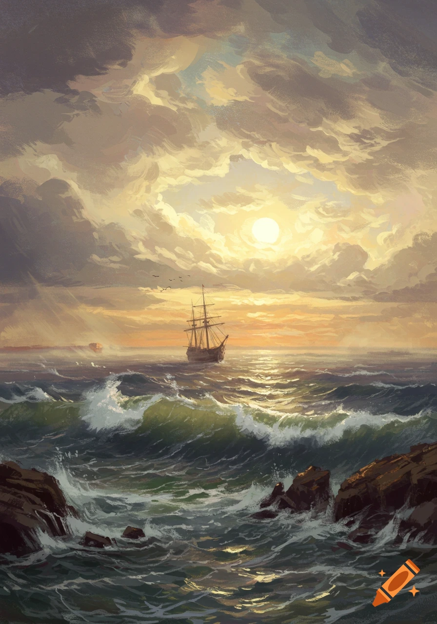 A dramatic painterly seascape shows a tall ship sailing on rough waves under a cloudy, glowing sunset sky, with rocky shores.