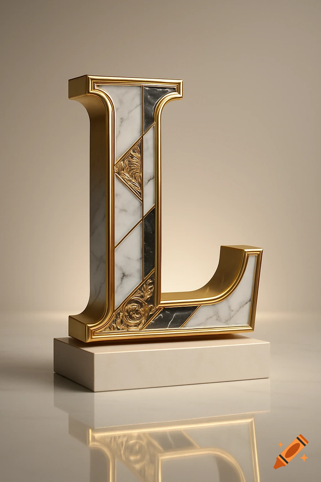 Luxurious capital letter L made of gold, white and black marble with ornate filigree, on a reflective plinth.