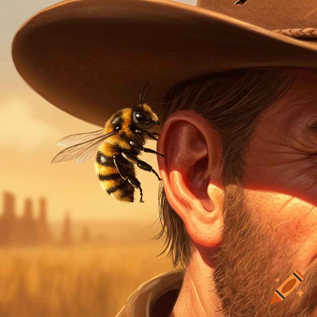 A close-up of a fuzzy yellow and black bee sitting on the ear of a cowboy wearing a brown hat, with a blurry golden landscape in the background.