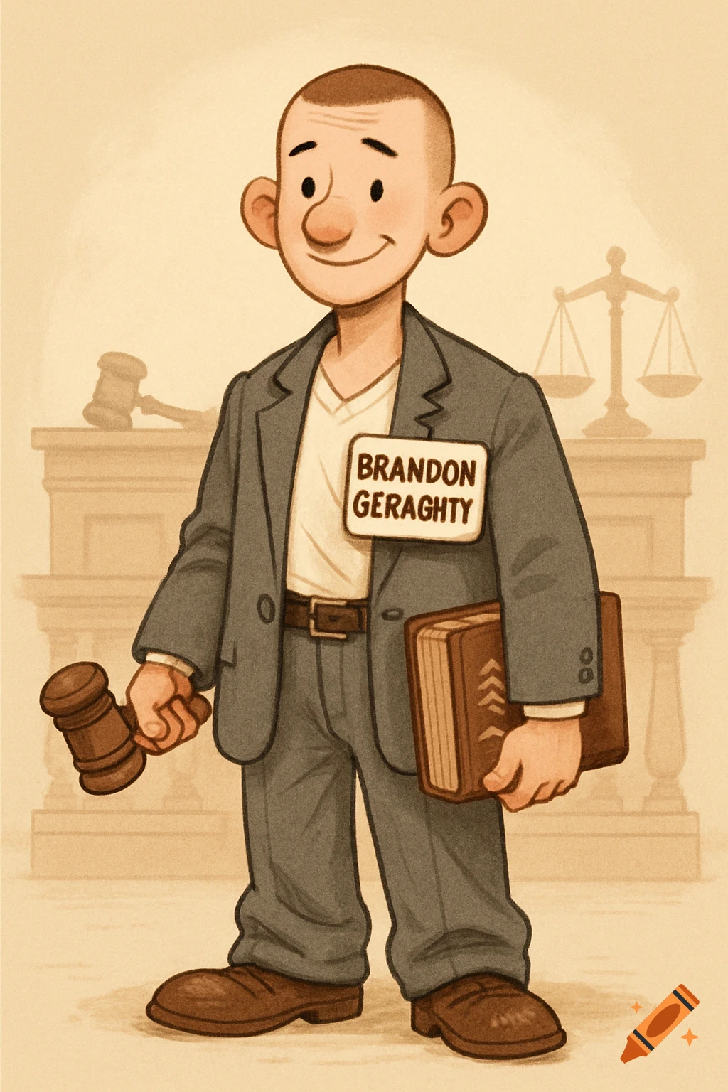 Cartoon illustration of a smiling lawyer in an oversized suit holding a gavel and a book, with a courtroom background.