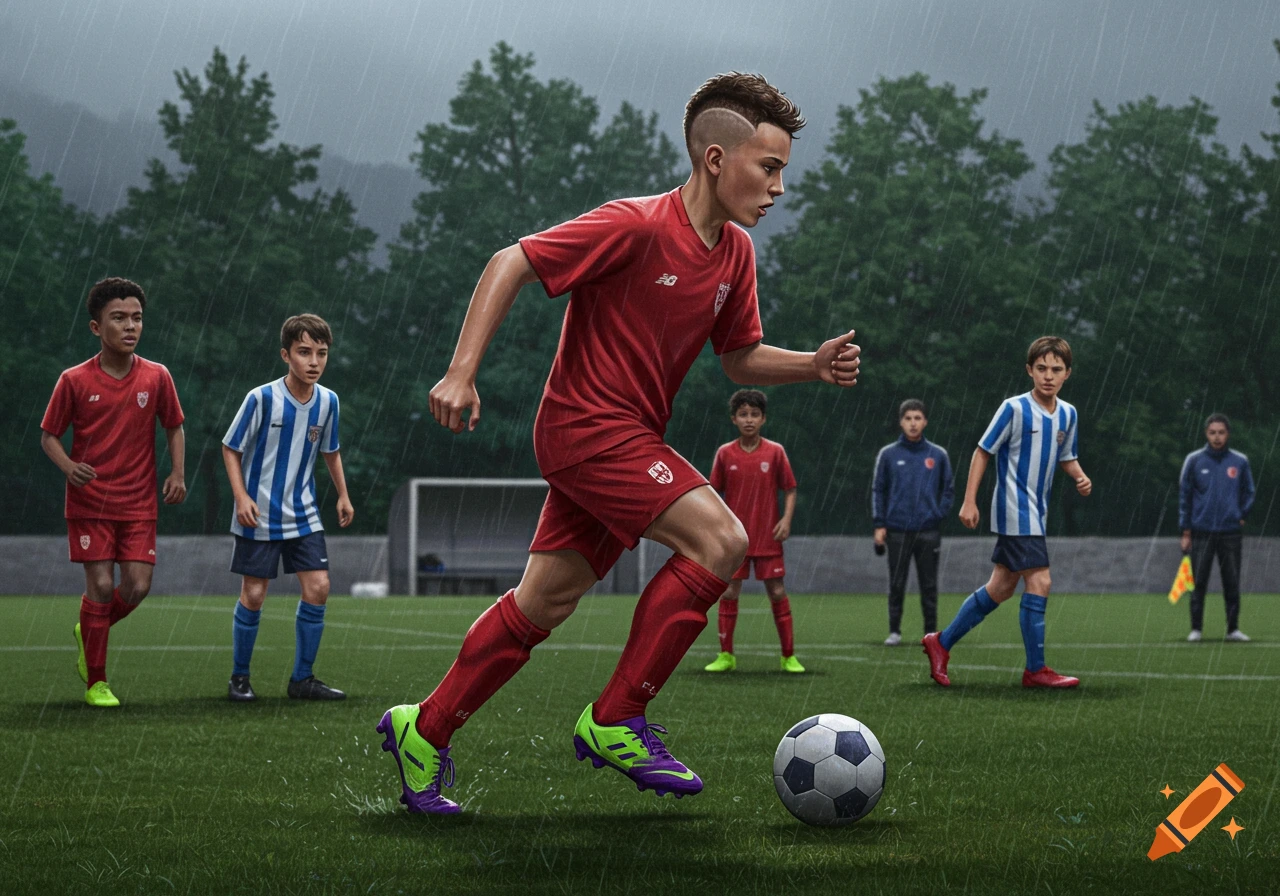 Young male soccer player in a red uniform dribbles a ball in the rain on a grassy field, with other players and trees in the background, digital art.