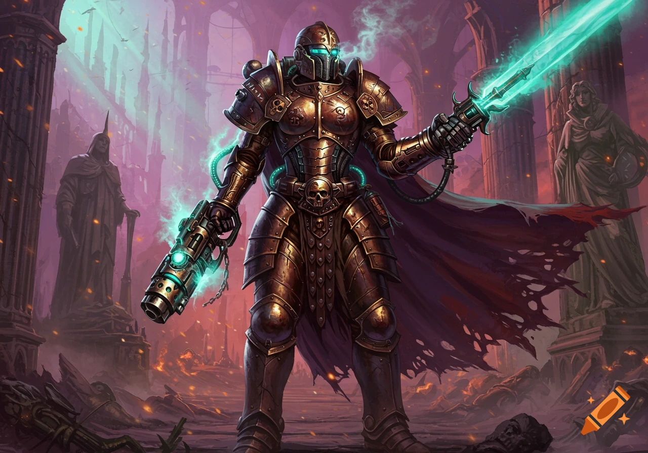 A heroic, heavily armored dark fantasy warrior with glowing weapons stands in a ruined alien cathedral.