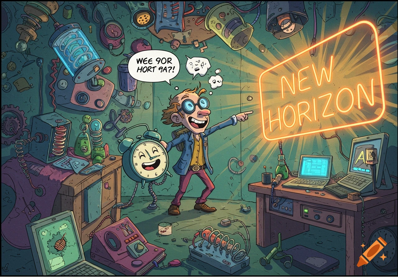 A cheerful cartoon scientist points at a glowing "NEW HORIZON" sign in a cluttered lab filled with inventions and gadgets, holding a smiling alarm clock.