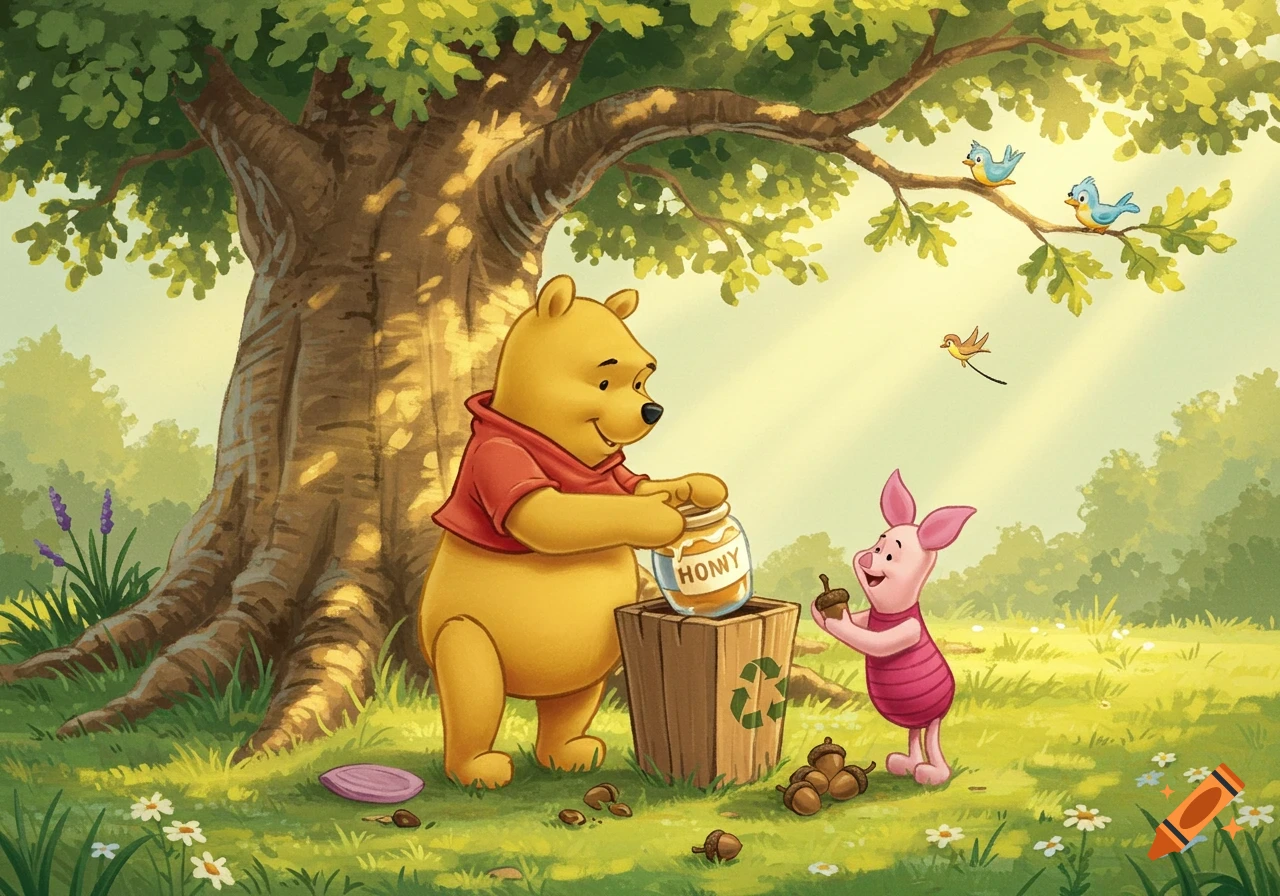 Winnie the Pooh puts a honey pot into a recycling bin while Piglet holds an acorn in a sunny forest clearing.