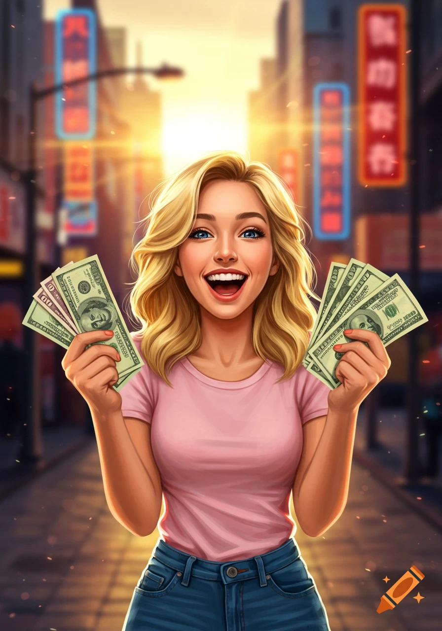 A smiling blonde woman in a pink shirt and jeans holds two large fans of hundred-dollar bills in a vibrant city street.