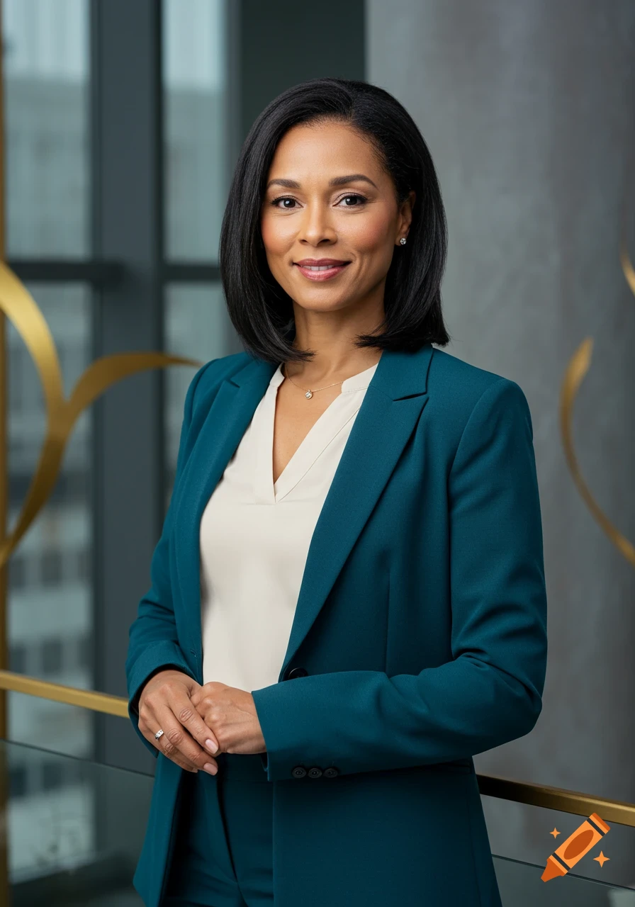 A smiling woman with dark hair in a teal suit and white blouse stands in a modern office.