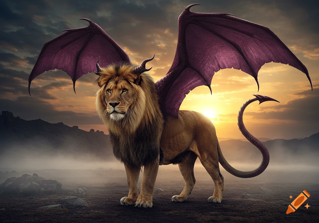 A photorealistic mythical lion with large purple dragon wings and a spiked tail stands in a misty, rocky landscape at sunset.