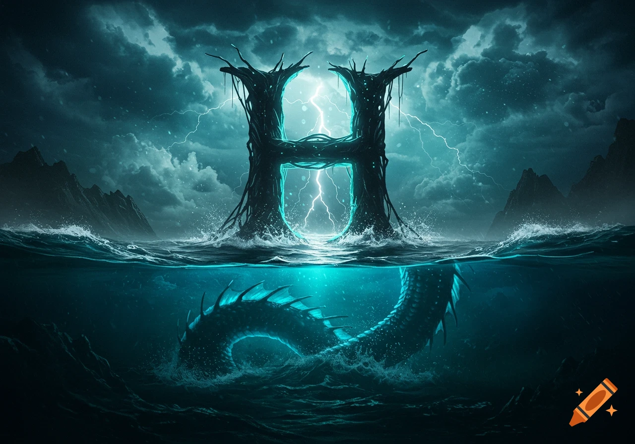 A dramatic, root-like capital 'H' rises from a stormy ocean with lightning, as a sea monster's tail lurks below.