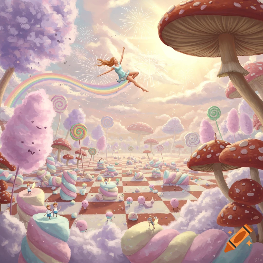 A whimsical fantasy scene of a woman floating over a marshmallow chessboard, surrounded by giant mushrooms, lollipops, cotton candy trees, and fireworks under a rainbow.