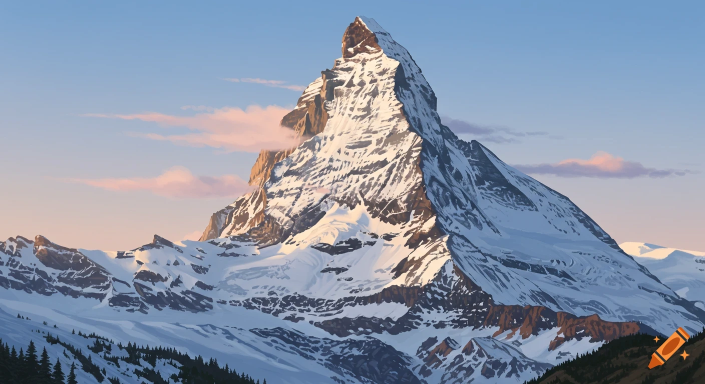A majestic snow-capped mountain bathed in golden light at dawn, with a clear blue sky and soft pink clouds.