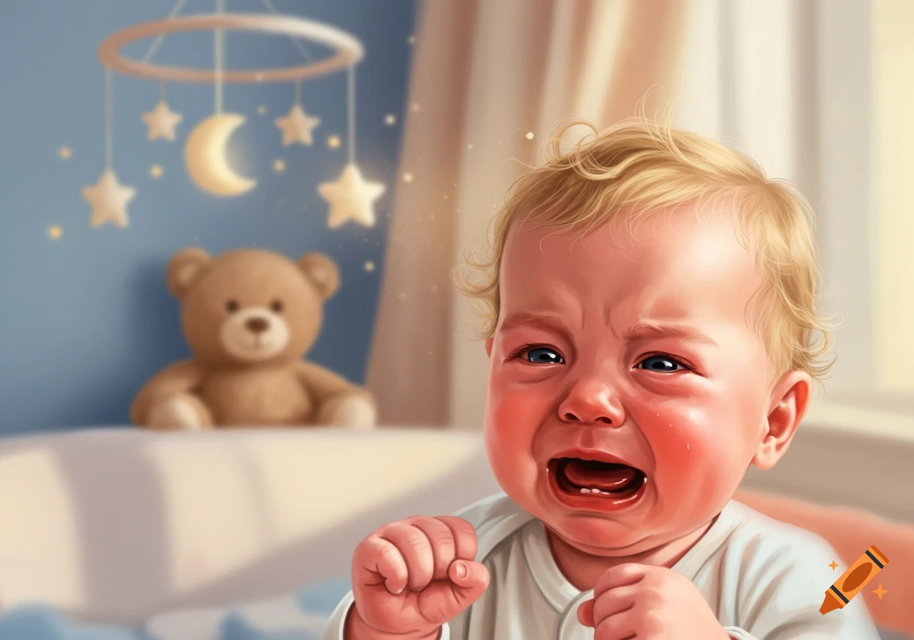 A highly detailed illustration of a crying baby, with a teddy bear and mobile blurred in the background.
