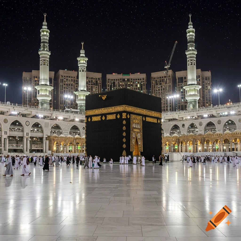 The Kaaba, a black cube with gold calligraphy, stands in a large, reflective white courtyard surrounded by pilgrims at night.