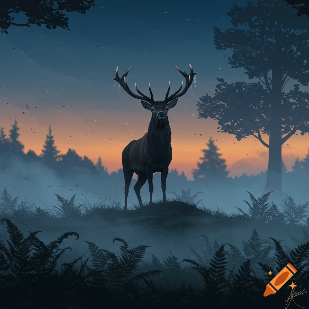 A majestic stag stands on a misty hill at dusk, surrounded by ferns and silhouetted trees.