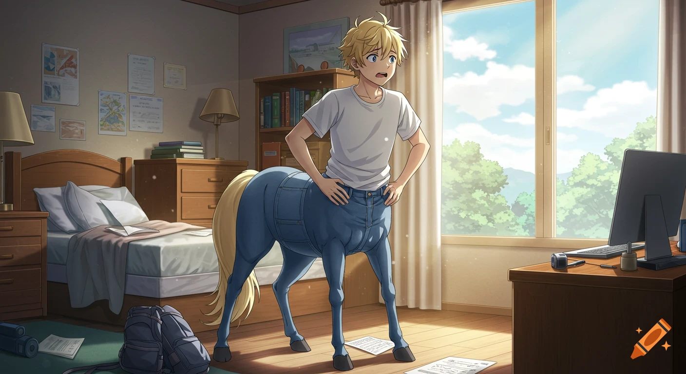A blond anime high school centaur in blue denim pants, standing in his bright suburban bedroom and frantically pushing on his hips.