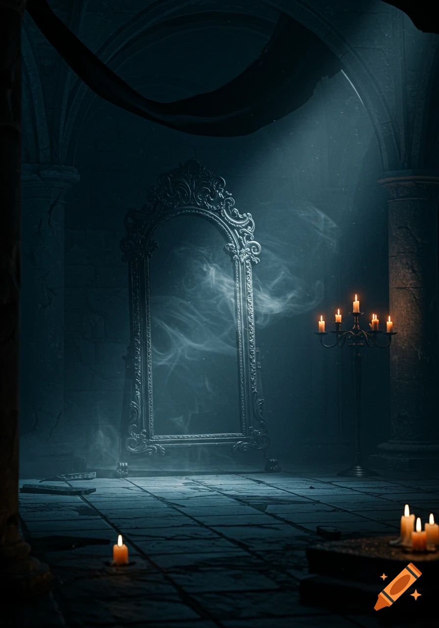 An ornate mirror stands in a dark, gothic room illuminated by candlelight, with smoke swirling within the mirror's frame.
