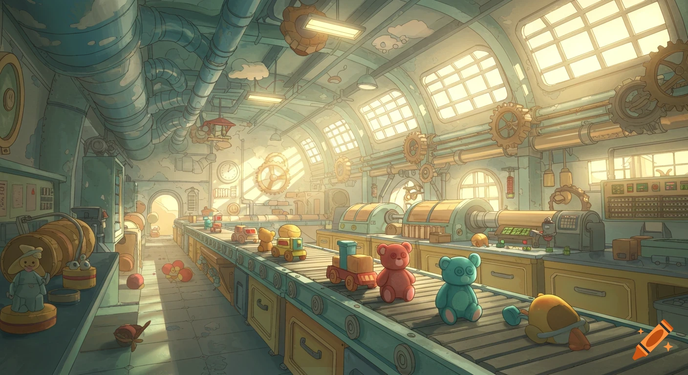 A whimsical cartoon toy factory interior with a conveyor belt carrying teddy bears and wooden trains, illuminated by sunlight from large windows.