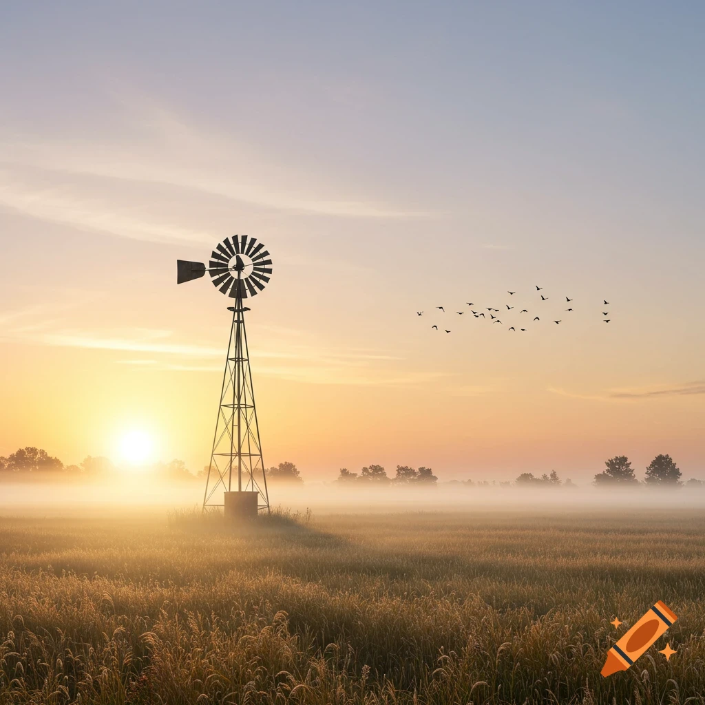 A serene sunrise over a misty field with a windmill silhouette and birds flying in the sky.