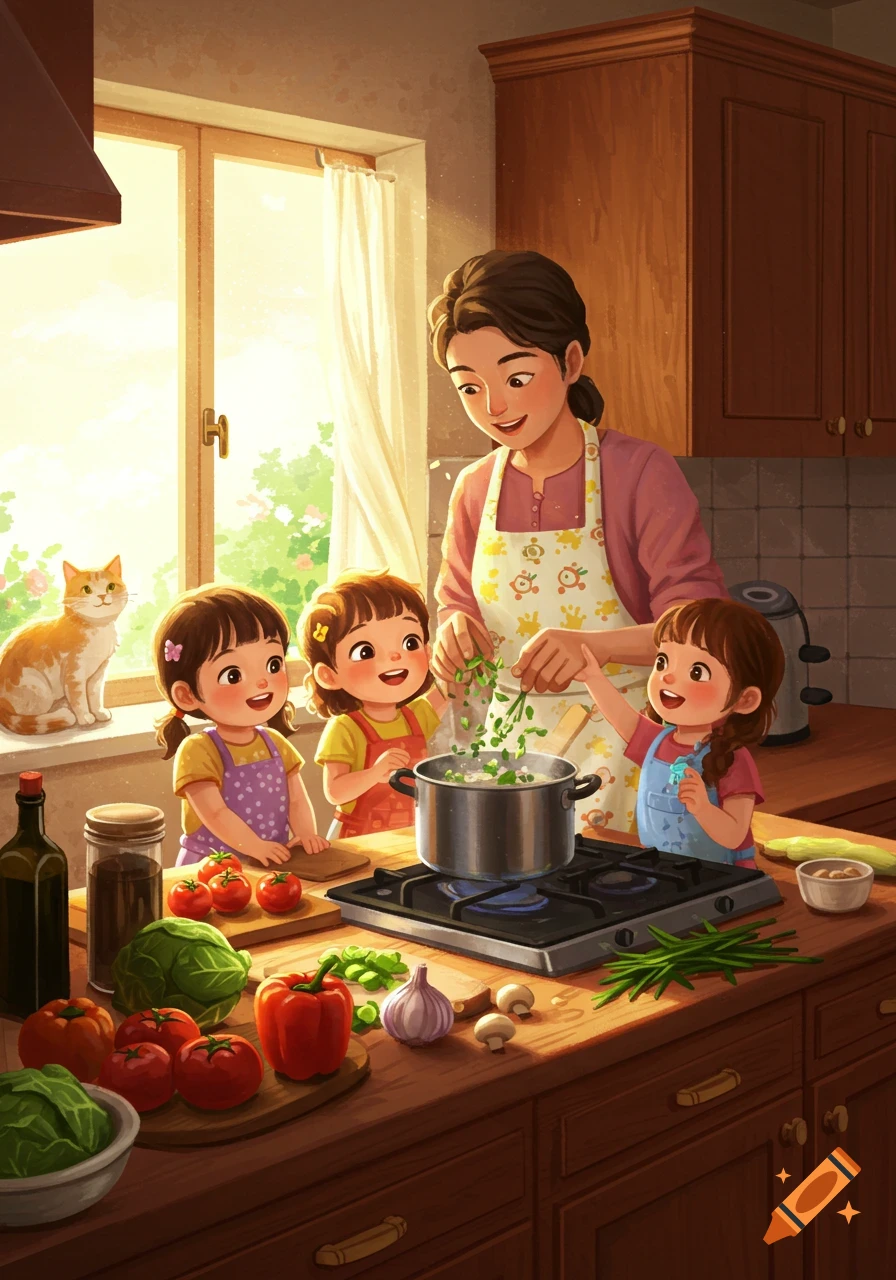 A mother and three smiling children cook in a sunlit kitchen, adding vegetables to a pot, with a cat on the windowsill. Illustrated style.
