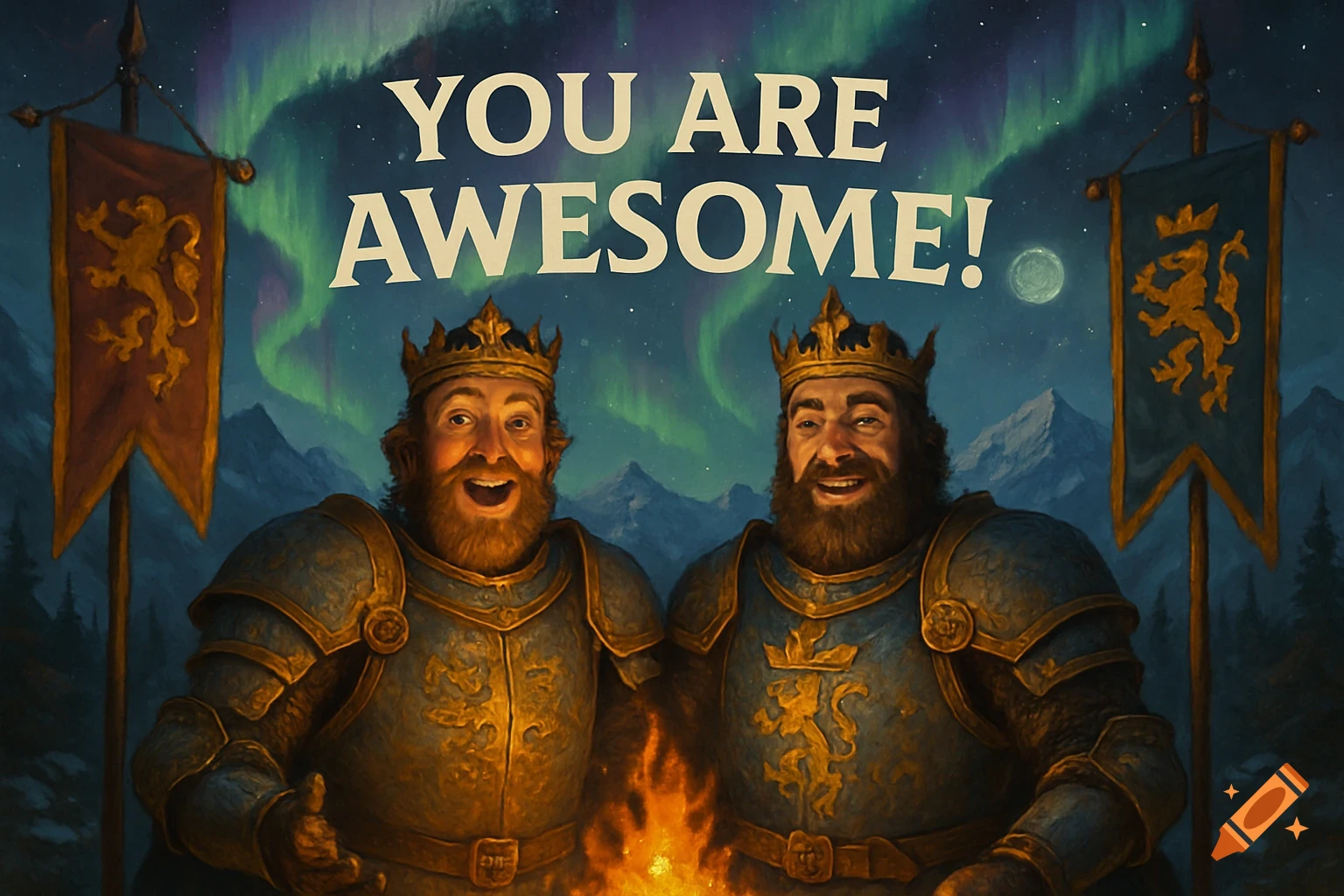 Two smiling kings in ornate armor stand by a campfire under an aurora-lit night sky with mountains. Text reads 'YOU ARE AWESOME!'.