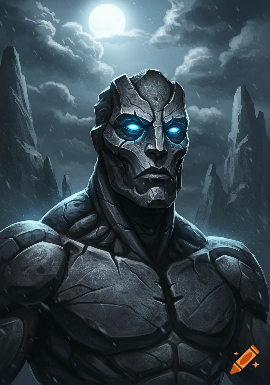 A dark stone sentinel with glowing blue eyes against a snowy, mountainous night with a full moon in a dark fantasy style.