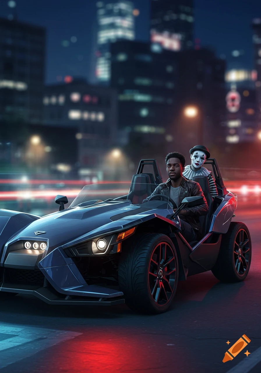 A Black man driving a blue Polaris Slingshot with a mime in the passenger seat on a city street at night, photorealistic style.