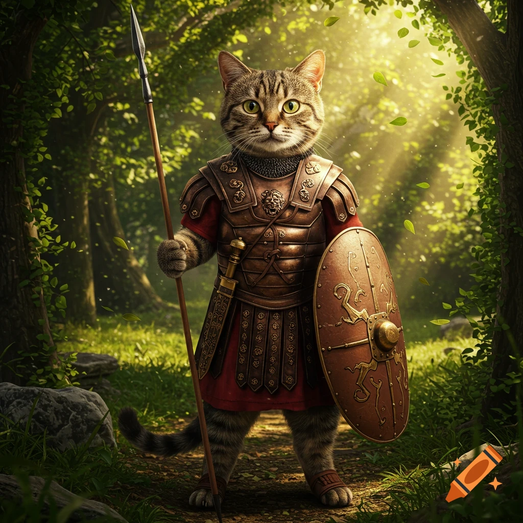 A photorealistic cat dressed in Roman armor, holding a spear and shield, standing on a forest path with sunlight filtering through trees.