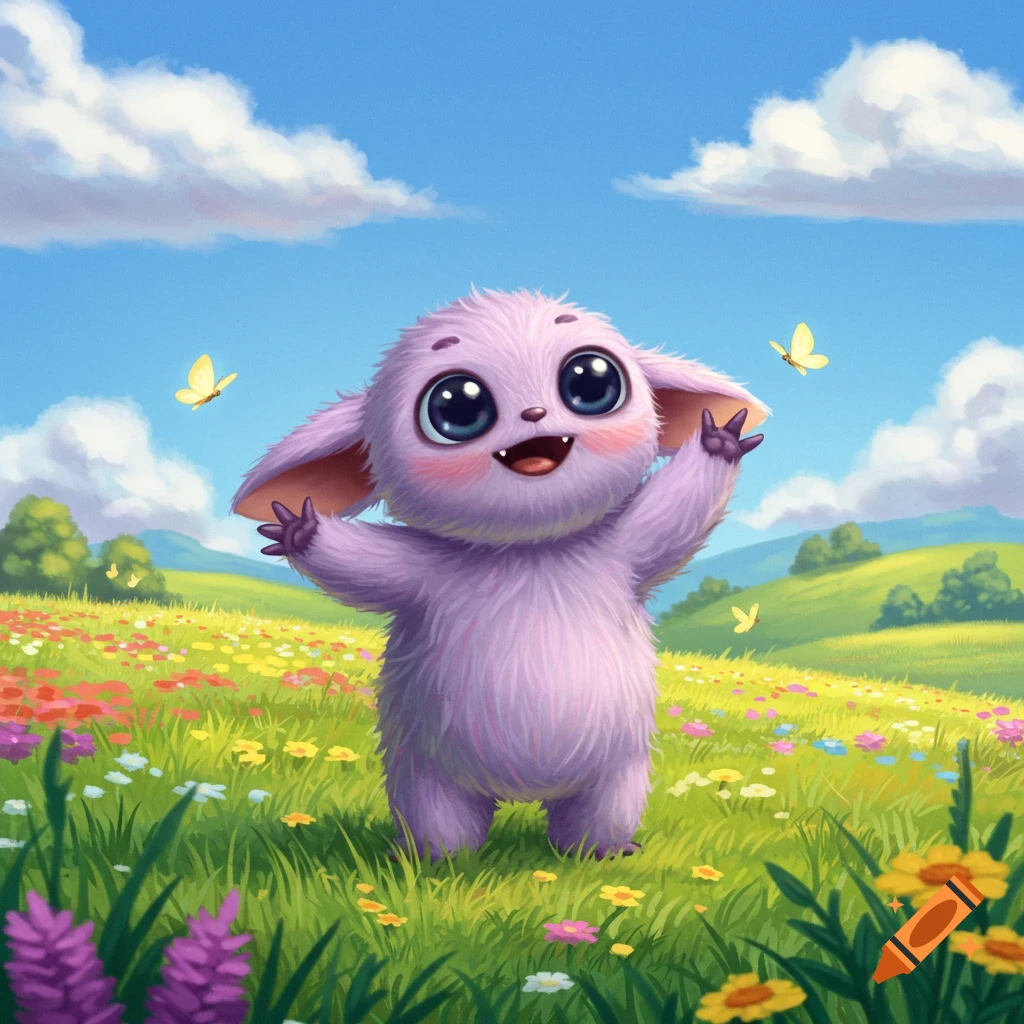 A cute, fluffy purple creature with big eyes and a wide smile stands in a vibrant flower field under a blue sky with butterflies.