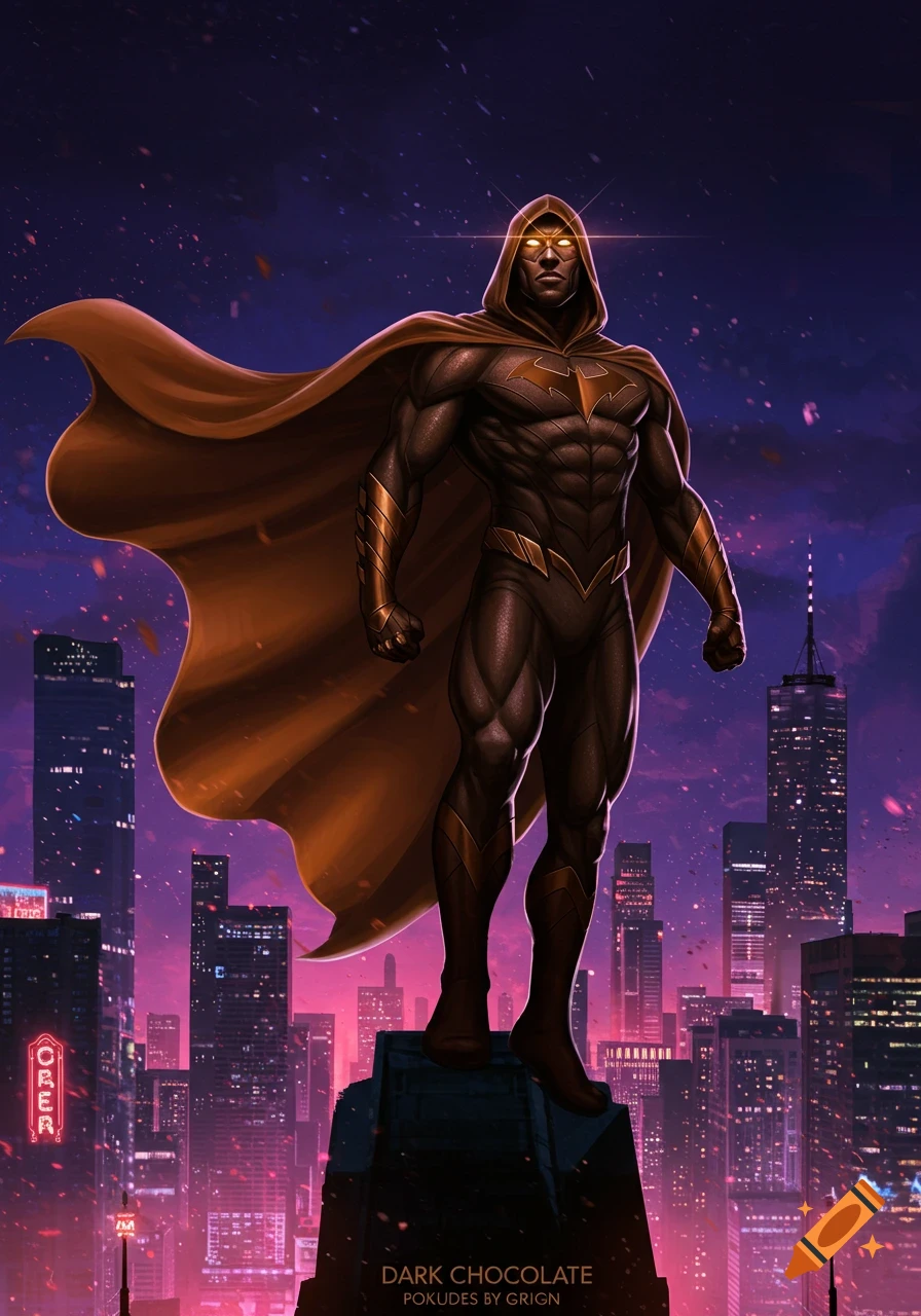 Dark Chocolate superhero with glowing eyes in a hooded suit and brown cape overlooks a futuristic city at night, comic art style.