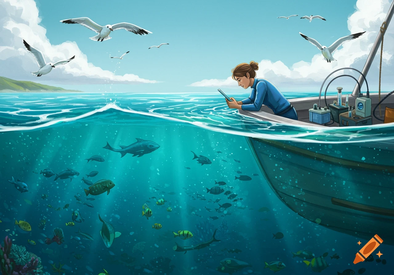 An illustration of a marine biologist on a boat, leaning over to look at underwater marine life while seagulls fly overhead.
