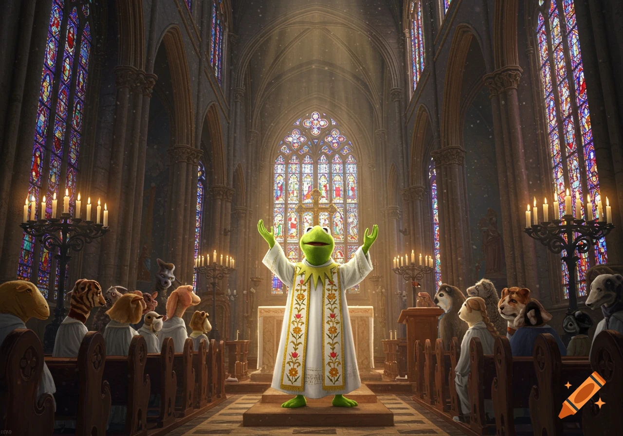 Kermit the Frog, in white robes, leads a catholic mass in a grand cathedral. Animal congregants sit in pews under stained glass.