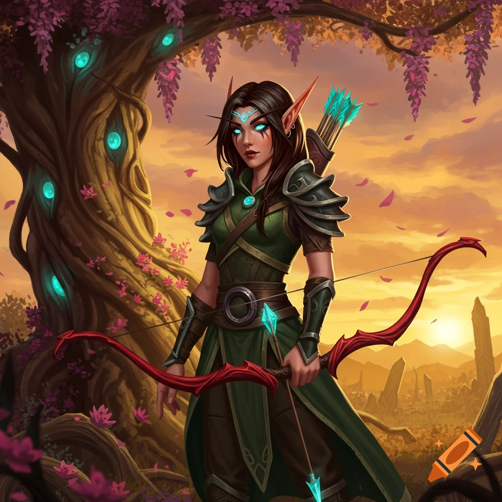 A fantasy elf archer with dark hair and glowing teal eyes stands under a flowering tree with glowing orbs, holding a red bow at sunset.
