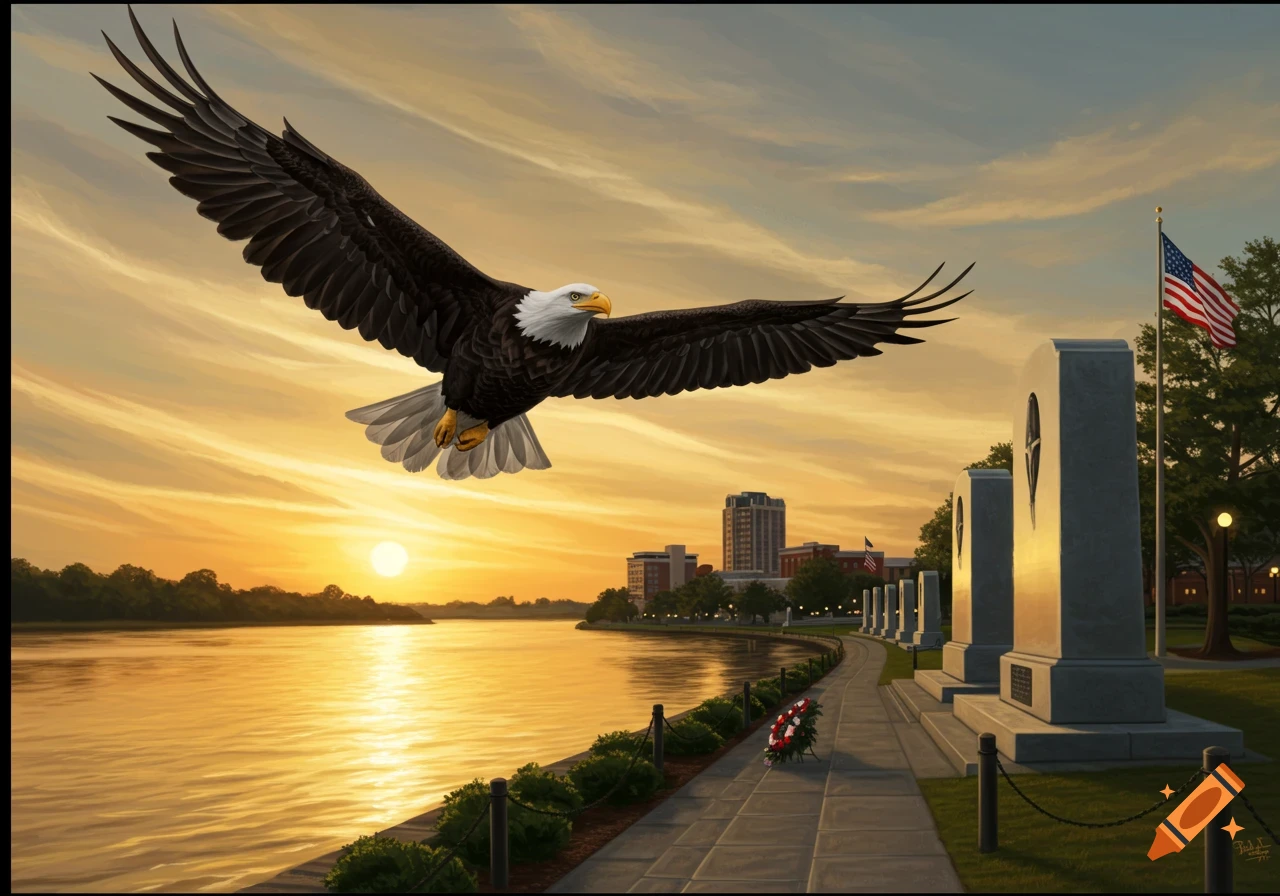 An American bald eagle flies majestically over a golden river, past a veteran memorial with an American flag, set against a vibrant sunset and city skyline.