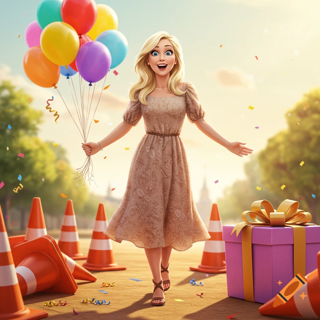 A smiling blonde woman in a beige dress holds colorful balloons, surrounded by orange cones, confetti, and a purple gift in a Disney-style animation.