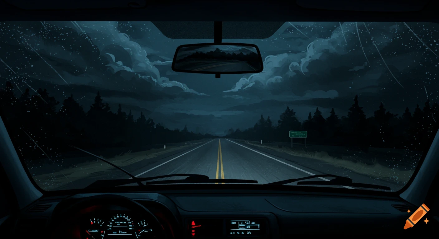 View from inside a car on a dark highway at night. Rain streaks on the windshield, a cloudy sky, and pine trees line the road. The car dashboard is visible.
