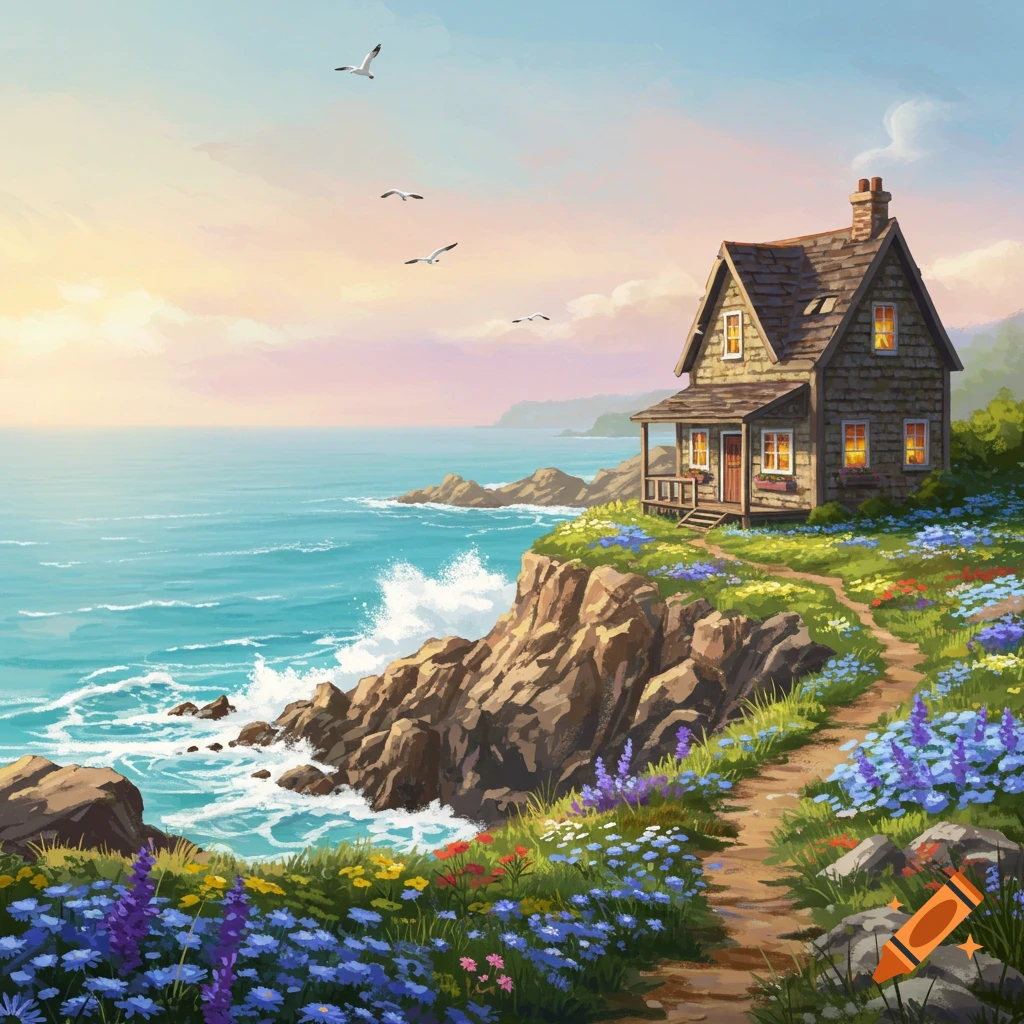 Illustrative painting of a cottage on a cliff by the sea, surrounded by colorful wildflowers, under a pastel sky.