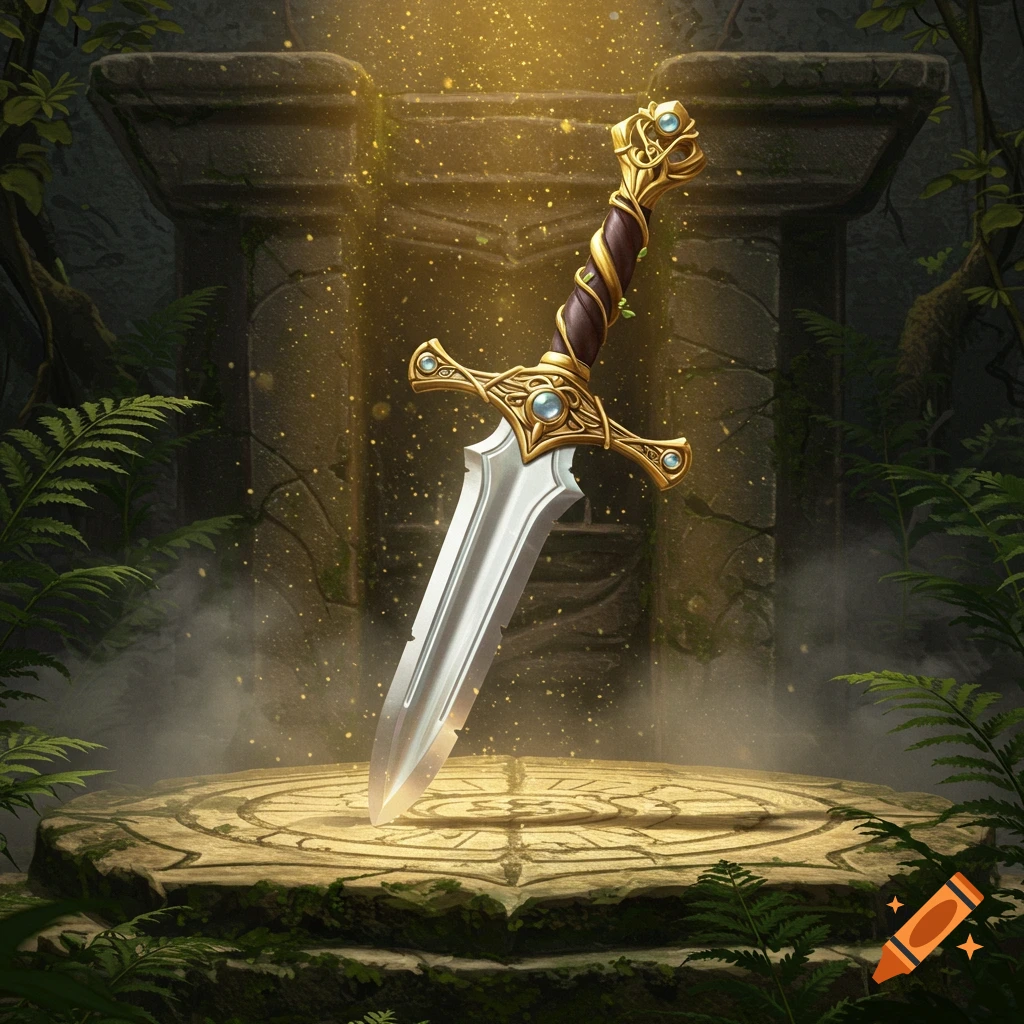 An ornate, jeweled sword stands on a mossy stone pedestal in ancient ruins, bathed in magical golden light, fantasy art.