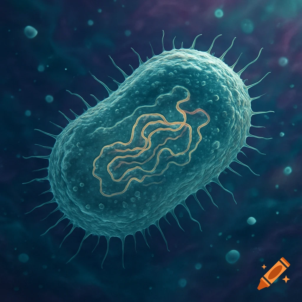 A detailed microscopic illustration of a teal prokaryotic cell or bacterium with internal yellow structures and surface appendages, against a dark blue background.