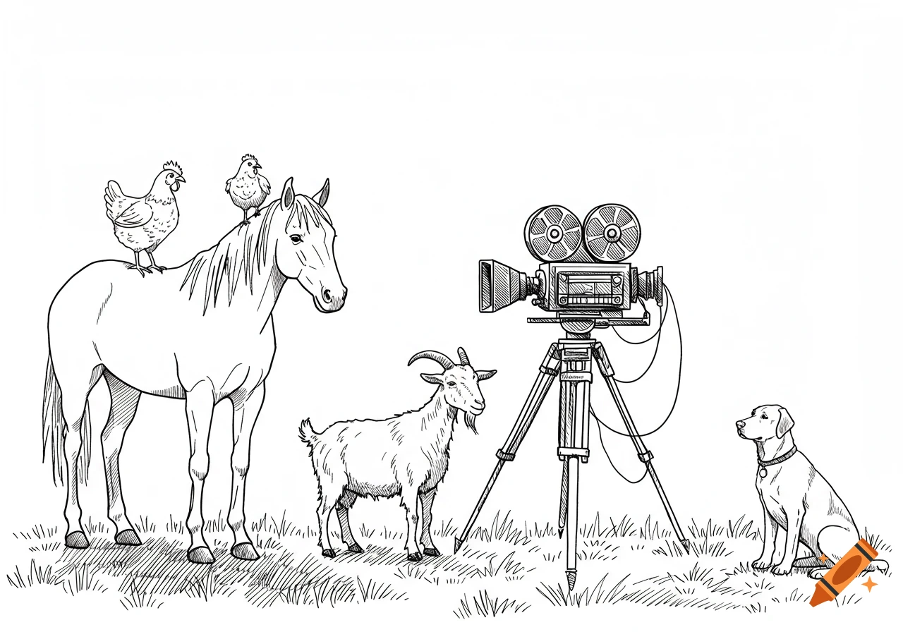 Line drawing of a horse with two chickens on its back, a goat, a movie camera, and a dog standing in grass.