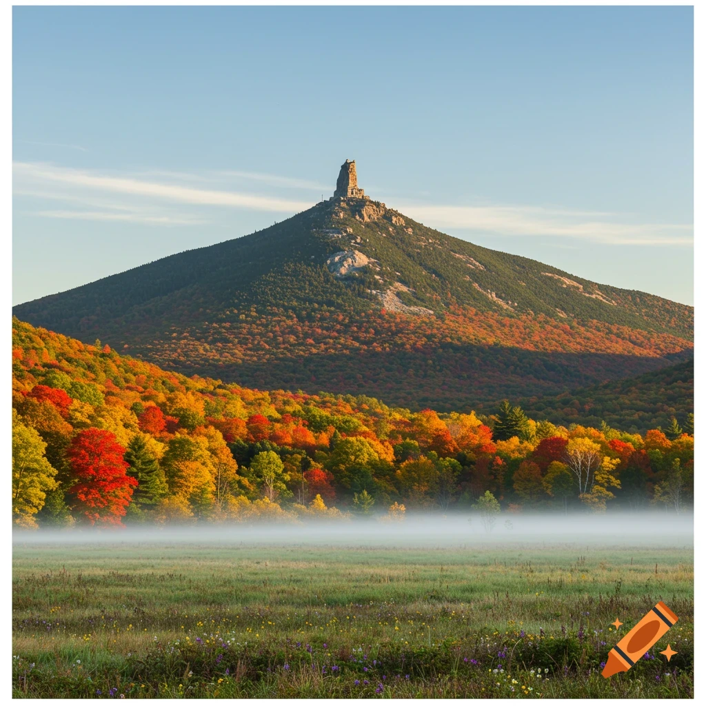 A majestic mountain with a rock formation resembling the Old Man of the Mountain, vibrant autumn trees, and a misty meadow.