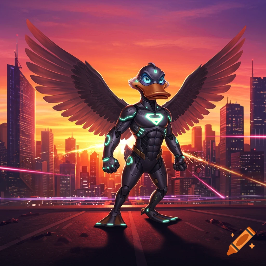A superhero duck in a dark, glowing suit with wings stands on a rooftop overlooking a futuristic cityscape at sunset.