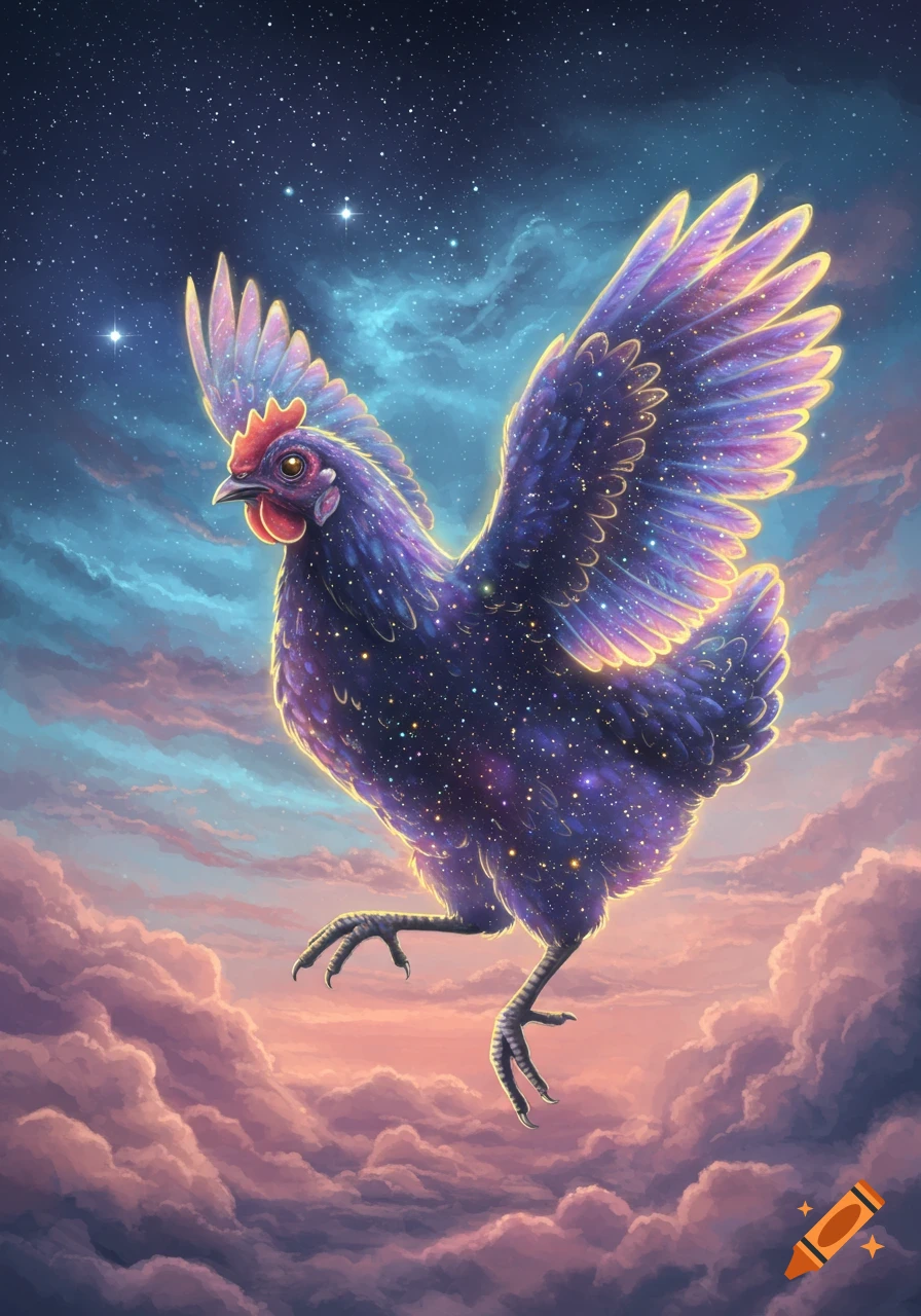 A cosmic chicken with a starry, glowing purple body and wings flies above pink and purple clouds under a starry night sky.
